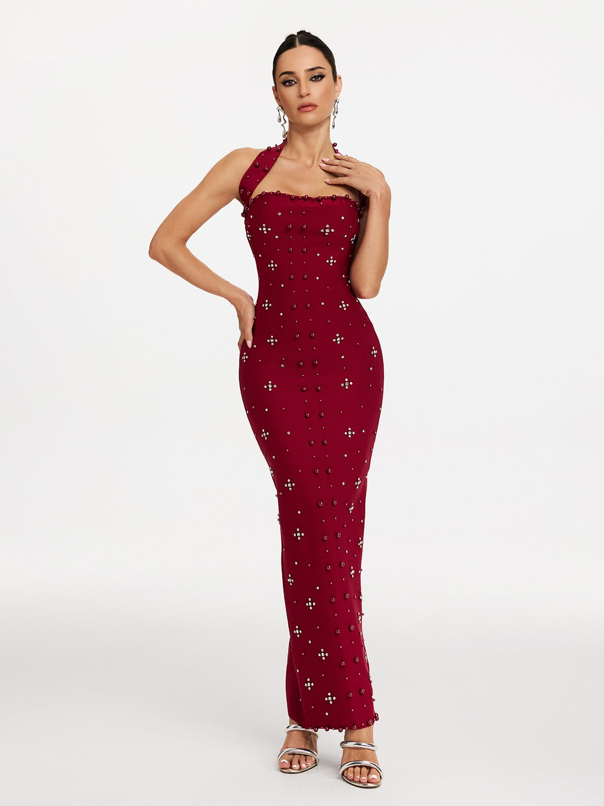 Halter Neck Pearl Stud Rhinestone Cluster Bandage Column Maxi Dress 2