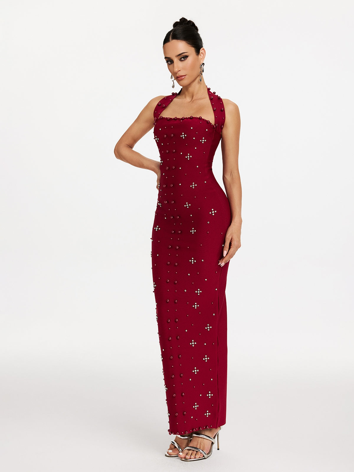Halter Neck Pearl Stud Rhinestone Cluster Bandage Column Maxi Dress 5