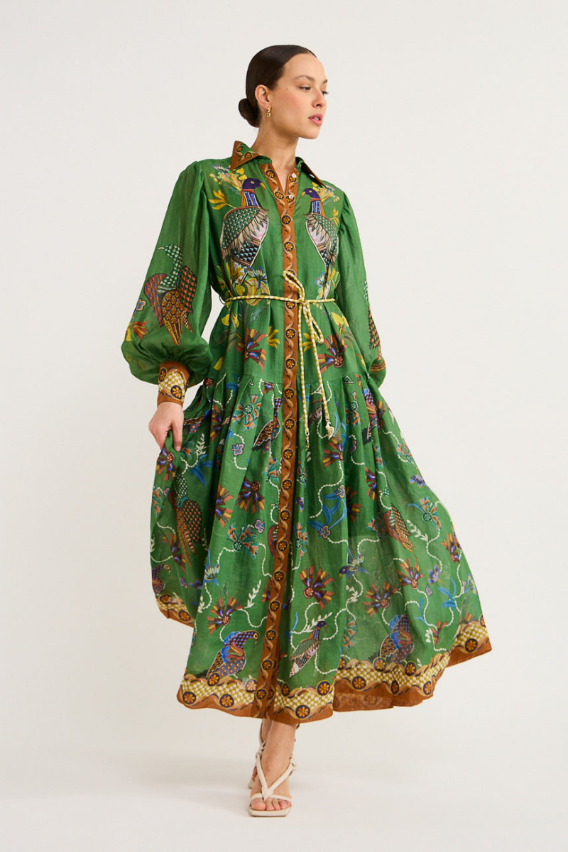 Balloon Sleeve Bird Floral Print Button Front Belted Maxi Shirt Dress