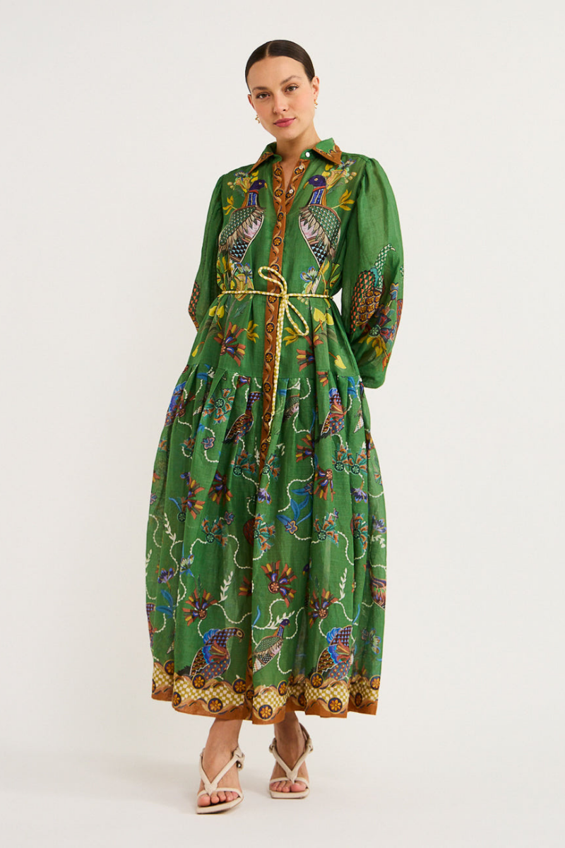 Balloon Sleeve Bird Floral Print Button Front Belted Maxi Shirt Dress 2