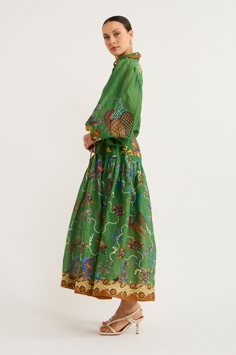 Balloon Sleeve Bird Floral Print Button Front Belted Maxi Shirt Dress 3
