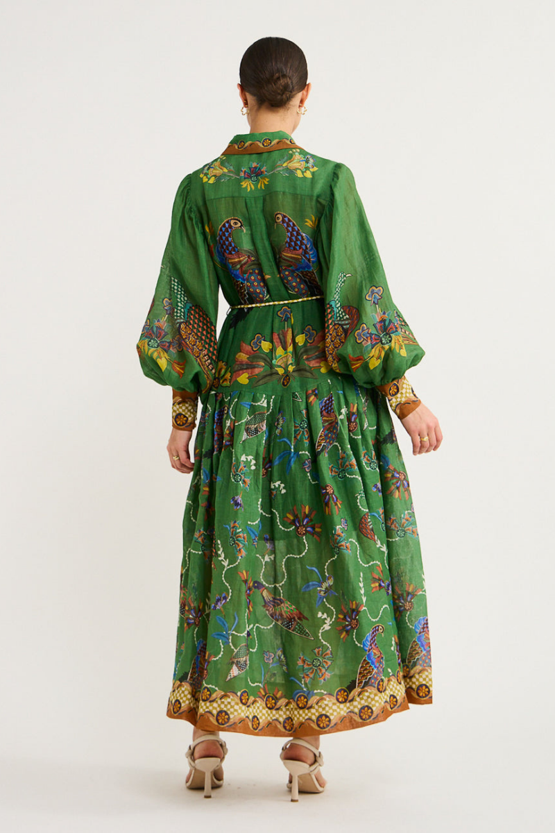 Balloon Sleeve Bird Floral Print Button Front Belted Maxi Shirt Dress 4