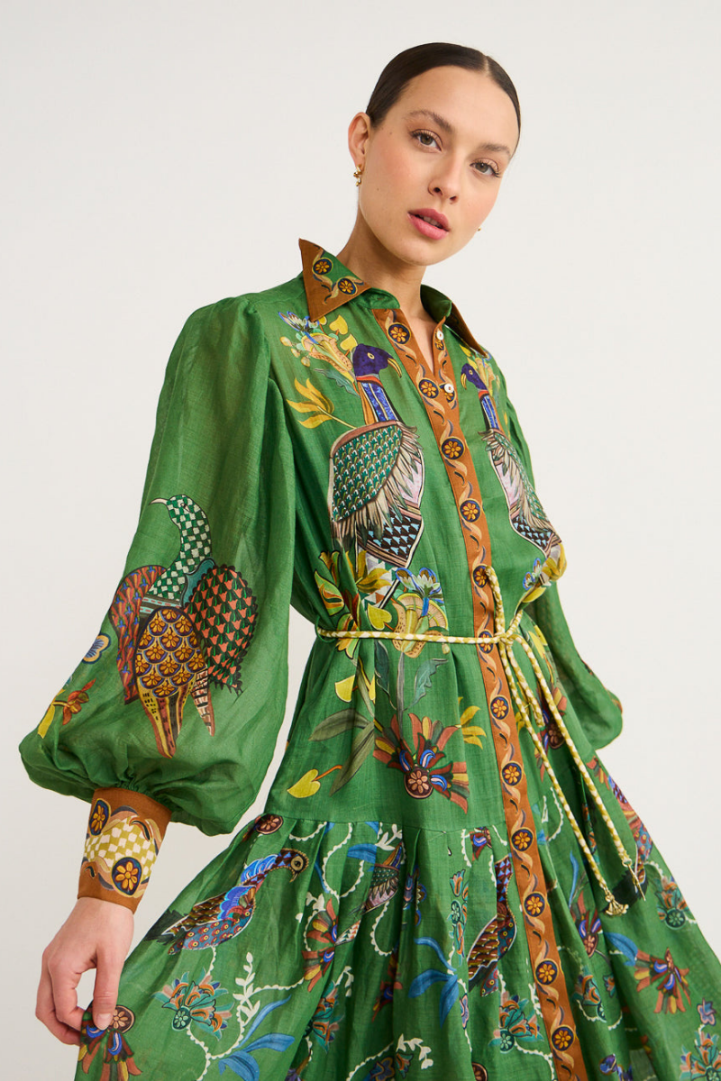 Balloon Sleeve Bird Floral Print Button Front Belted Maxi Shirt Dress 5
