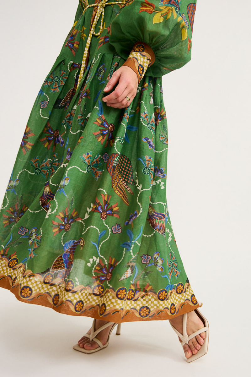 Balloon Sleeve Bird Floral Print Button Front Belted Maxi Shirt Dress 6