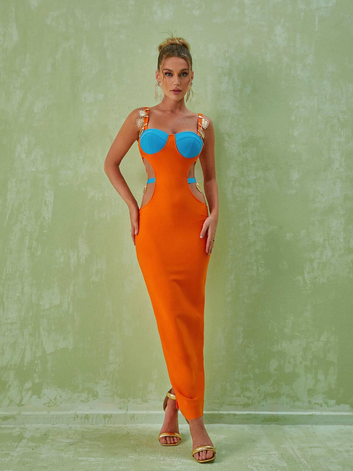 Sweetheart Contrast Cup Waist Cutout Side Slit Bodycon Maxi Dress 7