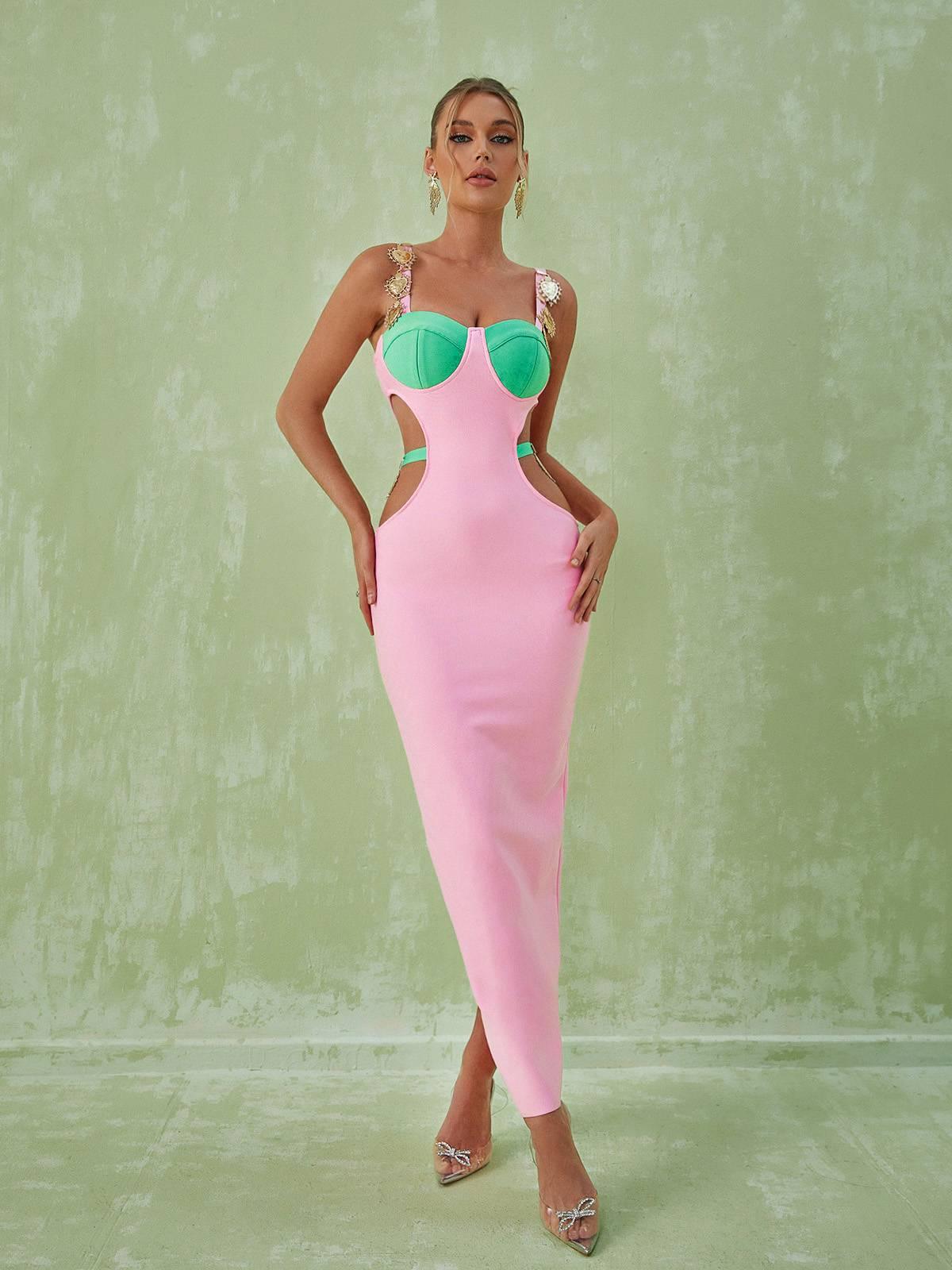 Sweetheart Contrast Cup Waist Cutout Side Slit Bodycon Maxi Dress 3