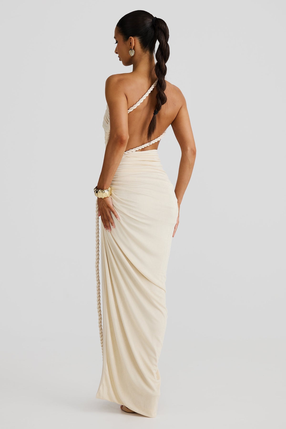 One Shoulder Ruched Crop Top Rope Detail High Slit Maxi Skirt Set 4