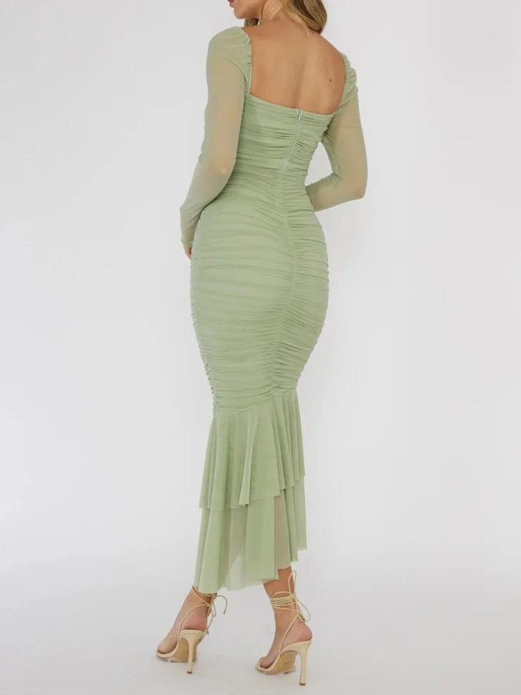 Sweetheart Cutout Ruched Sheer Sleeve Mermaid Tiered Flounce Midi Dress 2