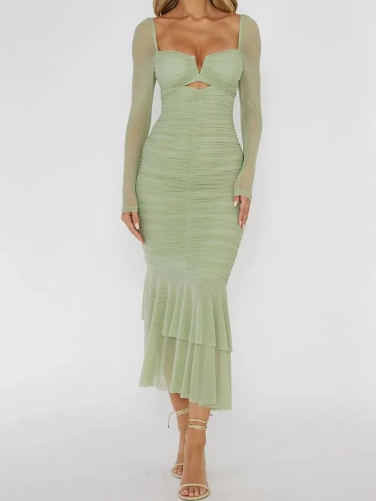 Sweetheart Cutout Ruched Sheer Sleeve Mermaid Tiered Flounce Midi Dress 3