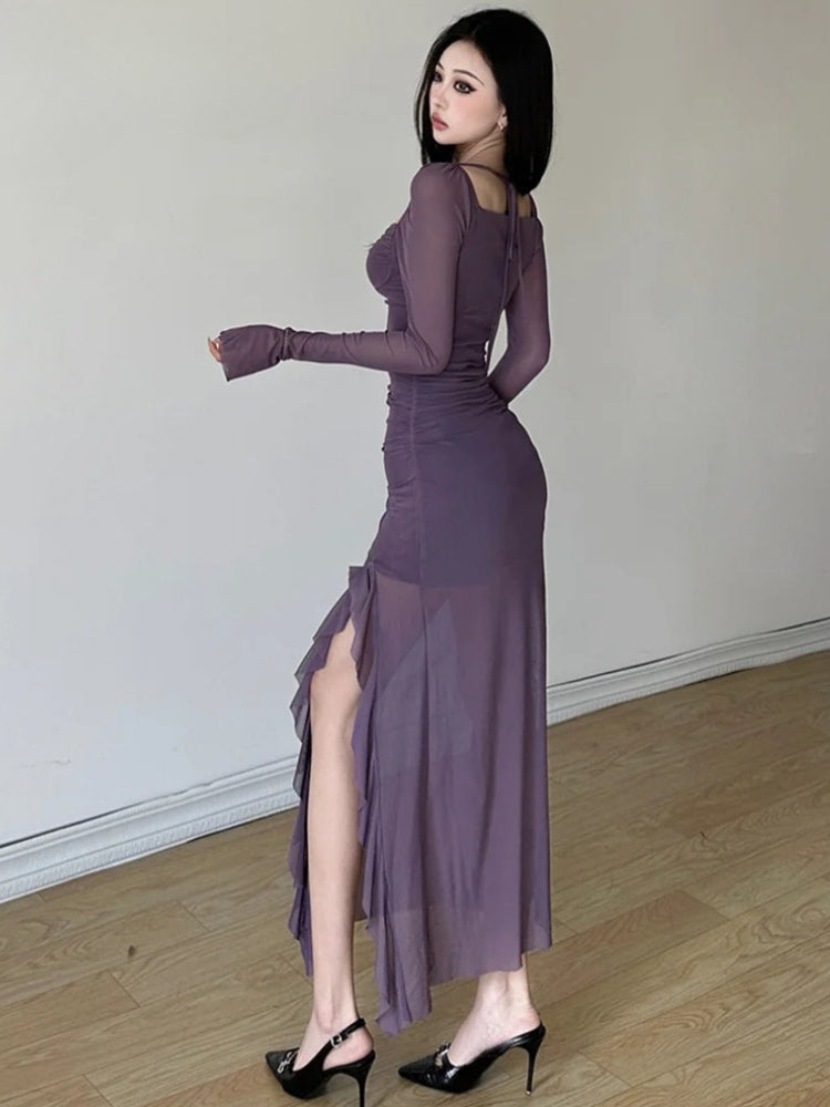 Sweetheart Neck Long Sleeve Ruched Sheer Mesh Ruffle Side Maxi Dress 2