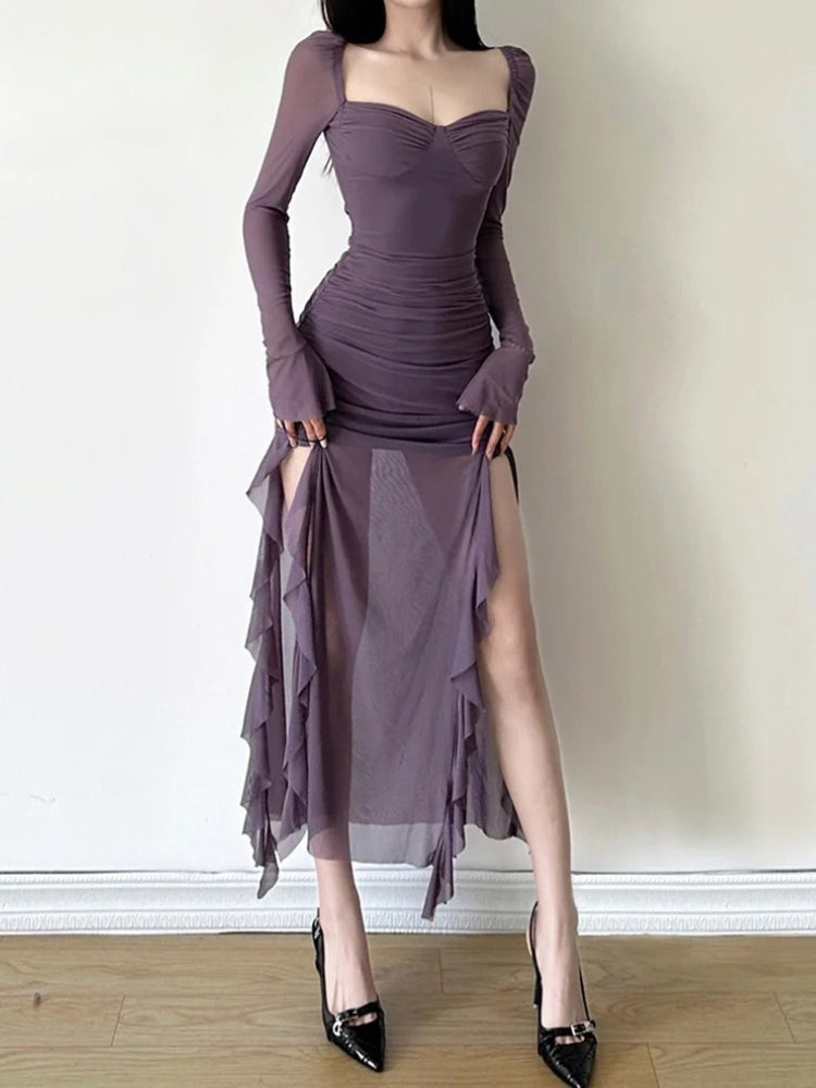 Sweetheart Neck Long Sleeve Ruched Sheer Mesh Ruffle Side Maxi Dress 3