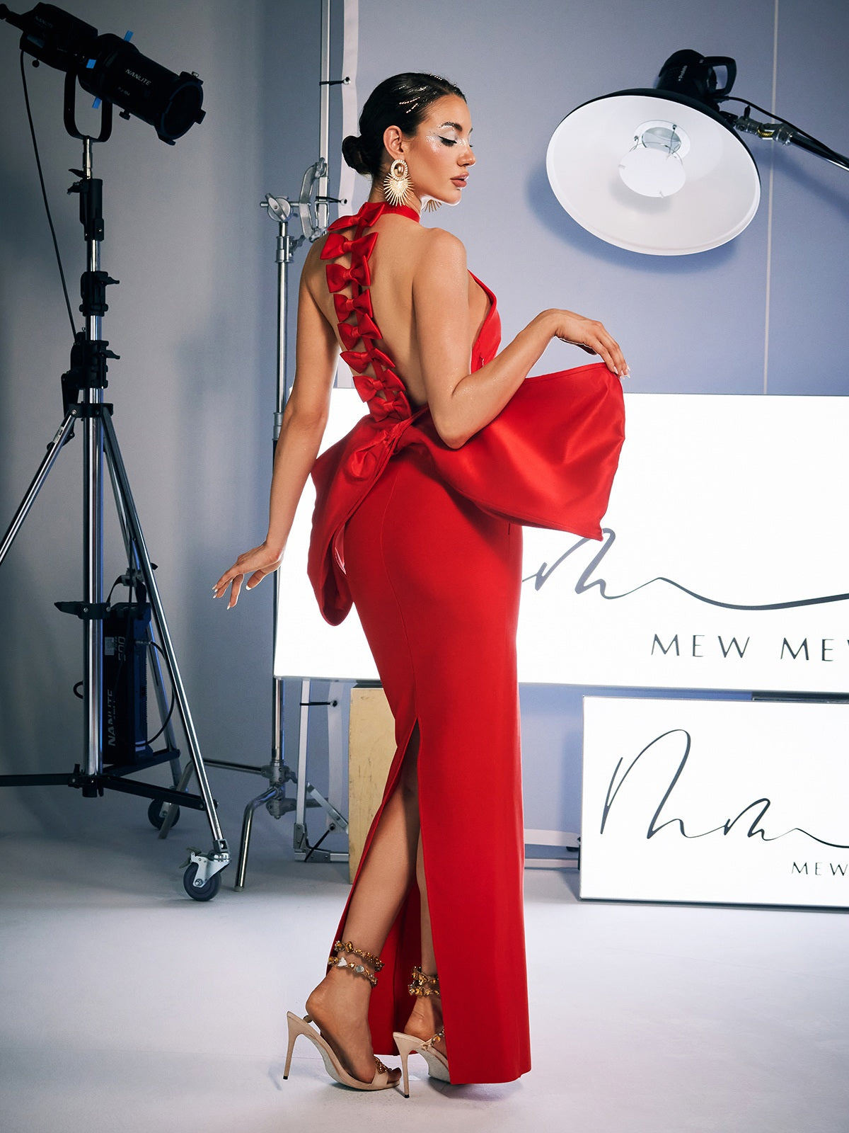 Strapless Sweetheart Bow Detail High Slit Bandage Midi Dress 6