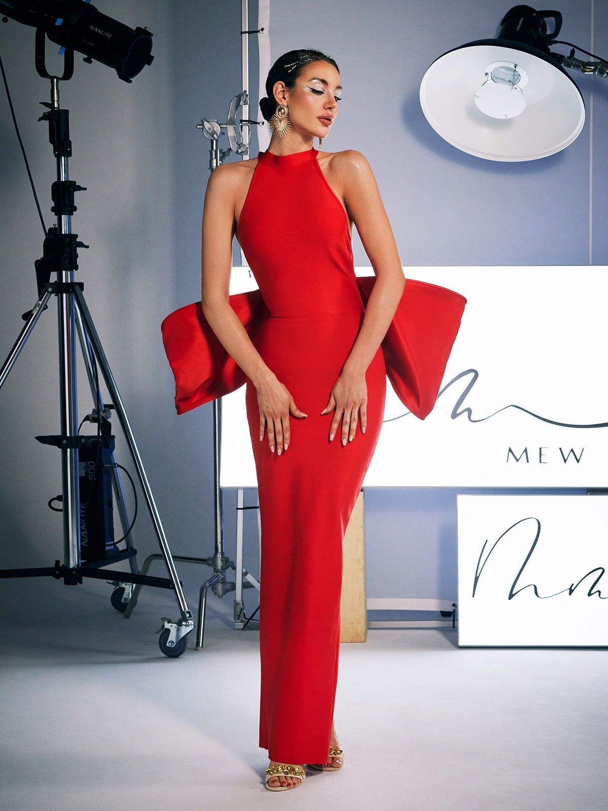 Strapless Sweetheart Bow Detail High Slit Bandage Midi Dress 2