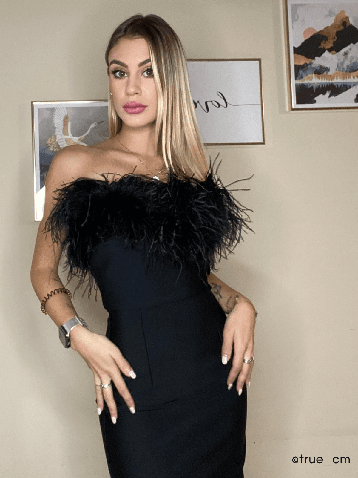 Strapless Feather Trim Bodycon Maxi Gown 6