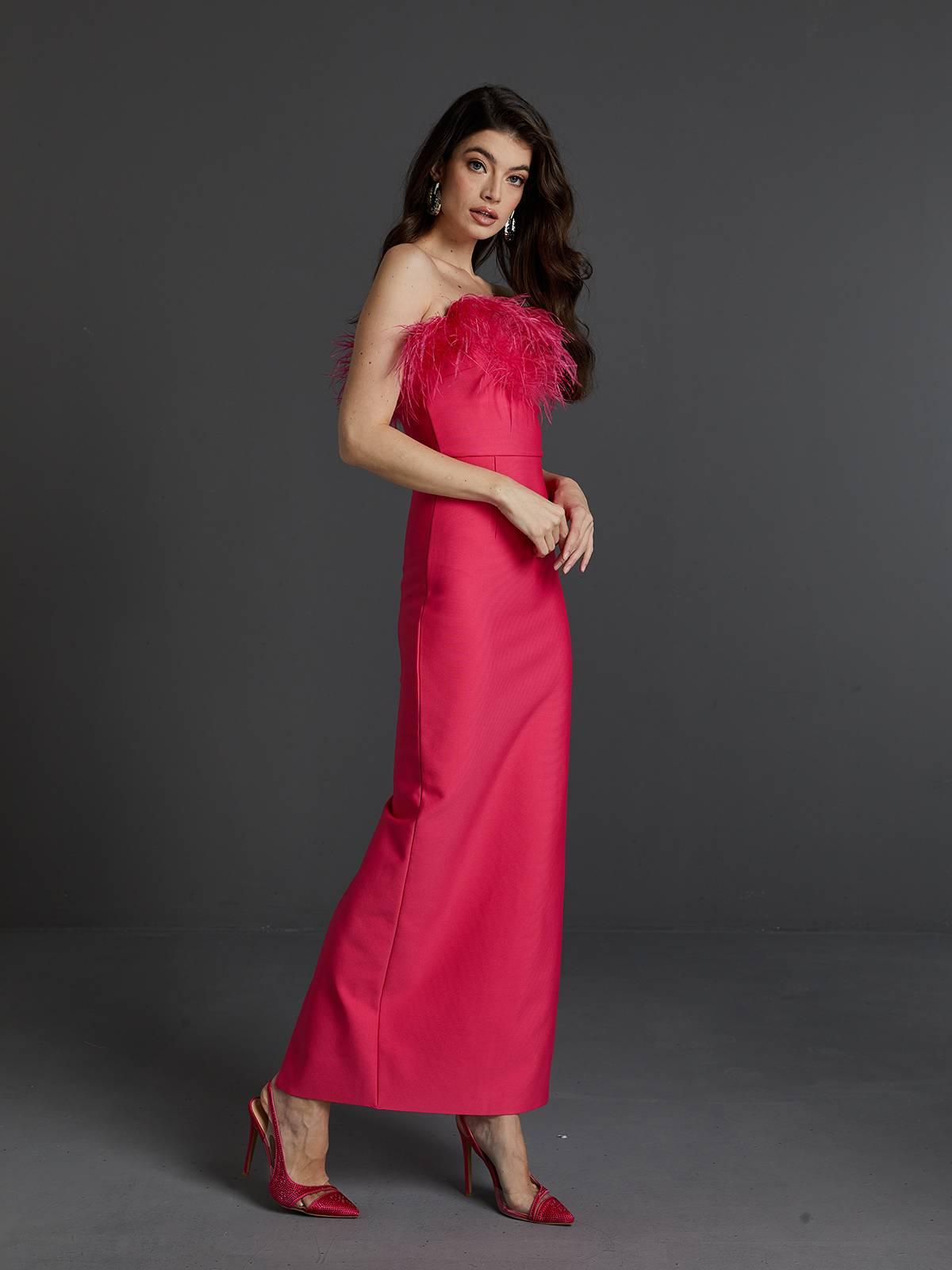 Strapless Feather Trim Column Maxi Gown 5