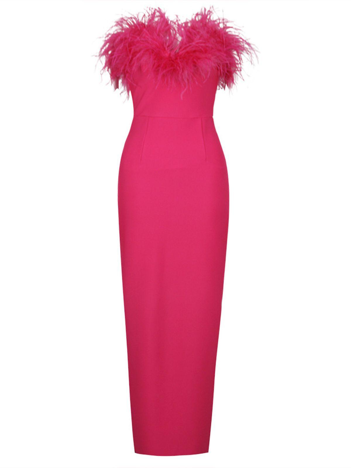 Strapless Feather Trim Column Maxi Gown 7