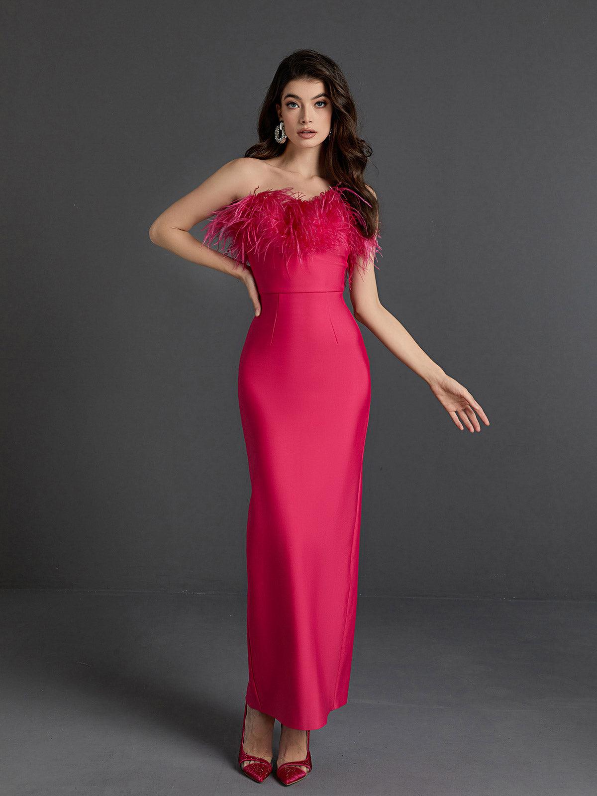 Strapless Feather Trim Column Maxi Gown 3