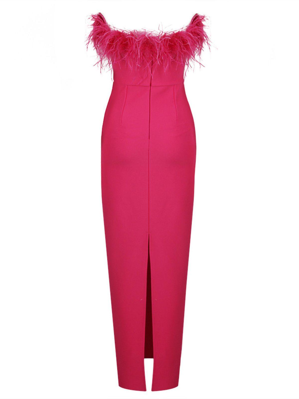 Strapless Feather Trim Column Maxi Gown 8