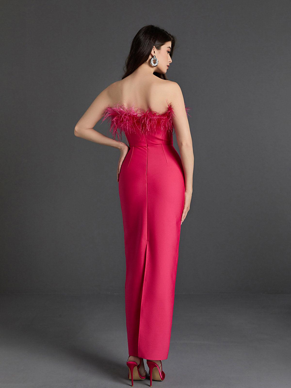 Strapless Feather Trim Column Maxi Gown 6