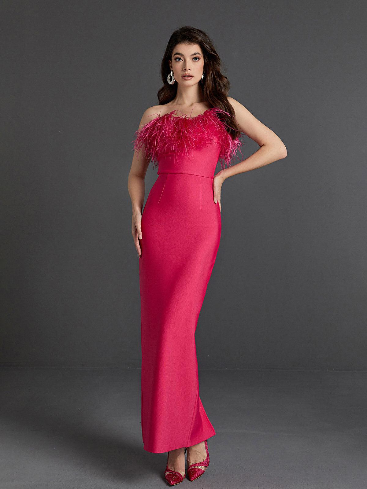 Strapless Feather Trim Column Maxi Gown
