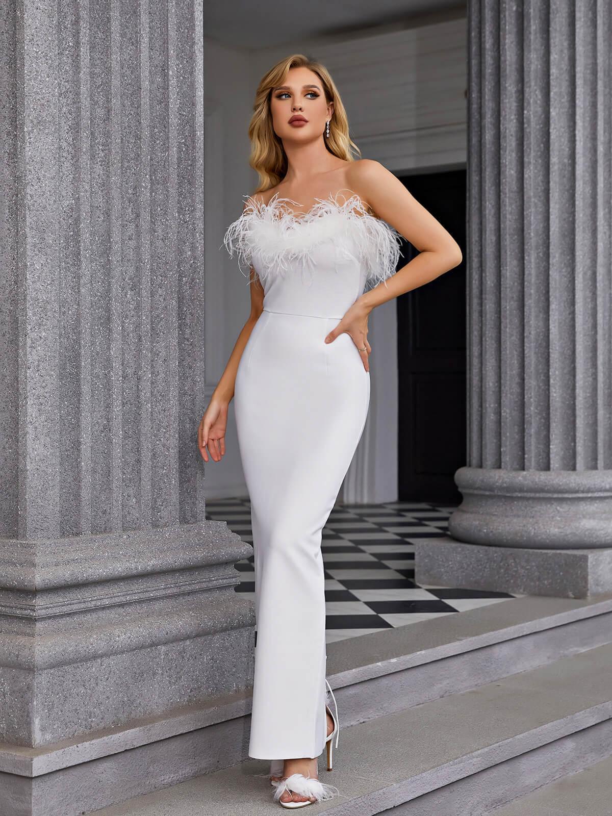 Strapless Feather Trim Column Bandage Maxi Gown 3