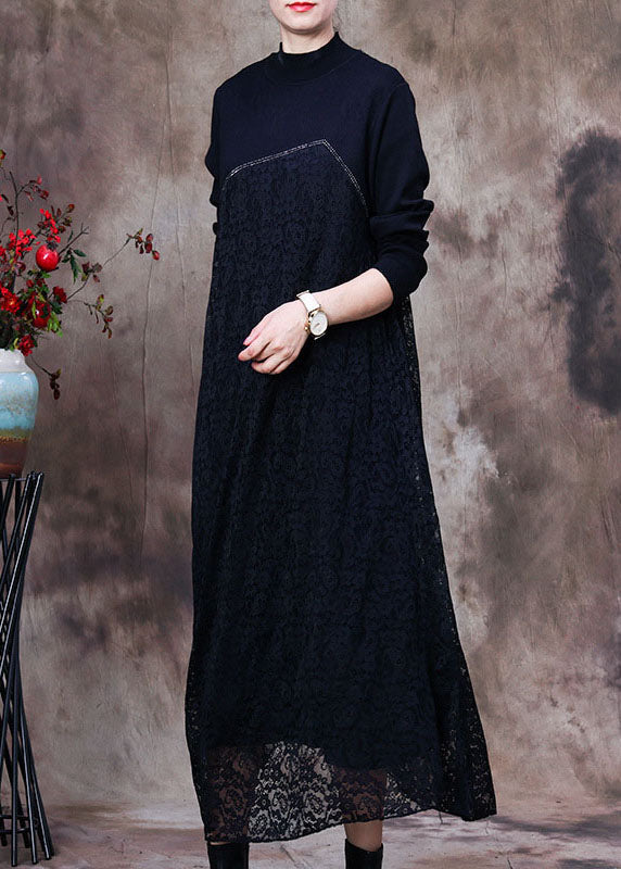 Mock Neck Asymmetrical Seam Floral Lace Overlay Mixed Media Maxi Dress 2