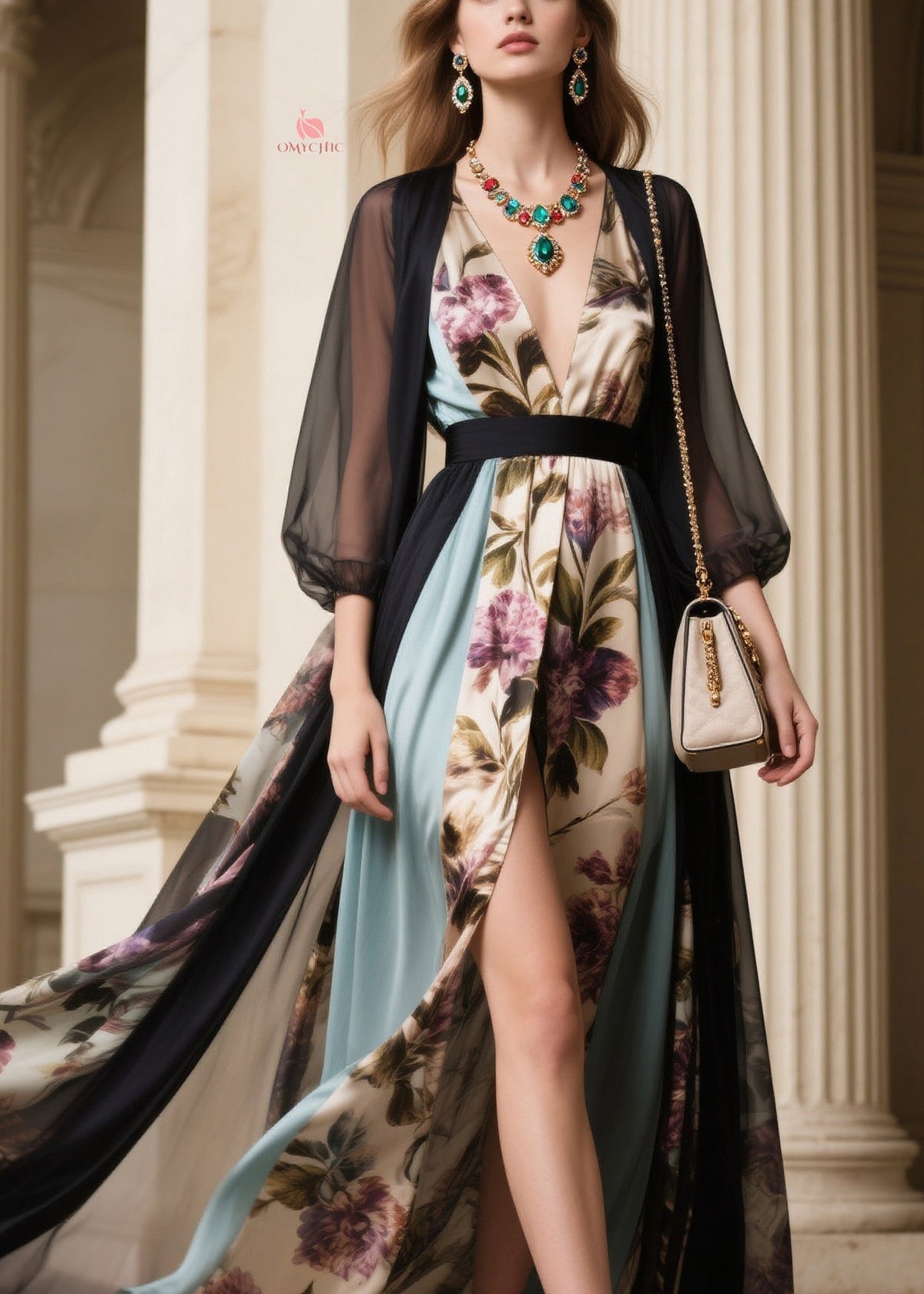Floral V-Neck High Slit Sheer Kimono Sleeve Maxi Dress 2