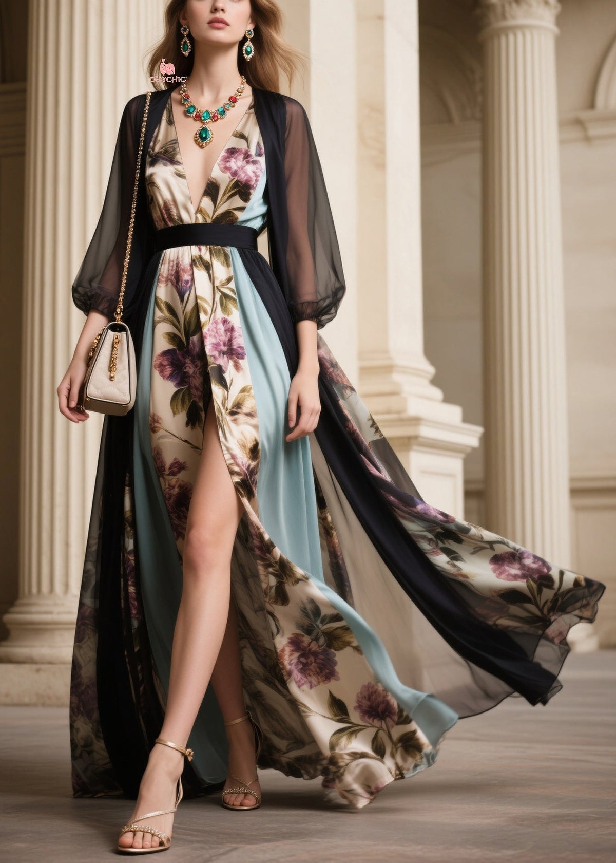 Floral V-Neck High Slit Sheer Kimono Sleeve Maxi Dress 3