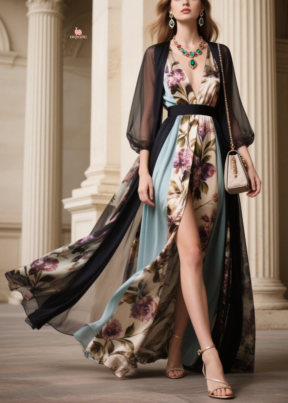 Floral V-Neck High Slit Sheer Kimono Sleeve Maxi Dress 5
