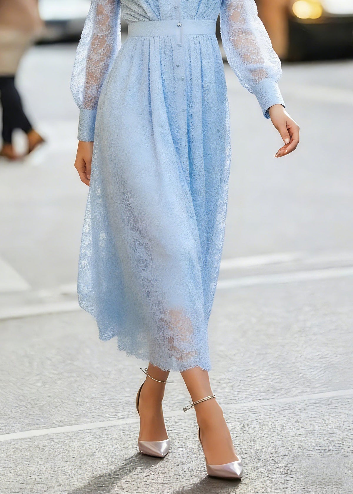 Deep V Neck Button Front Pleated Floral Lace Bishop Sleeve Midi Dress 4