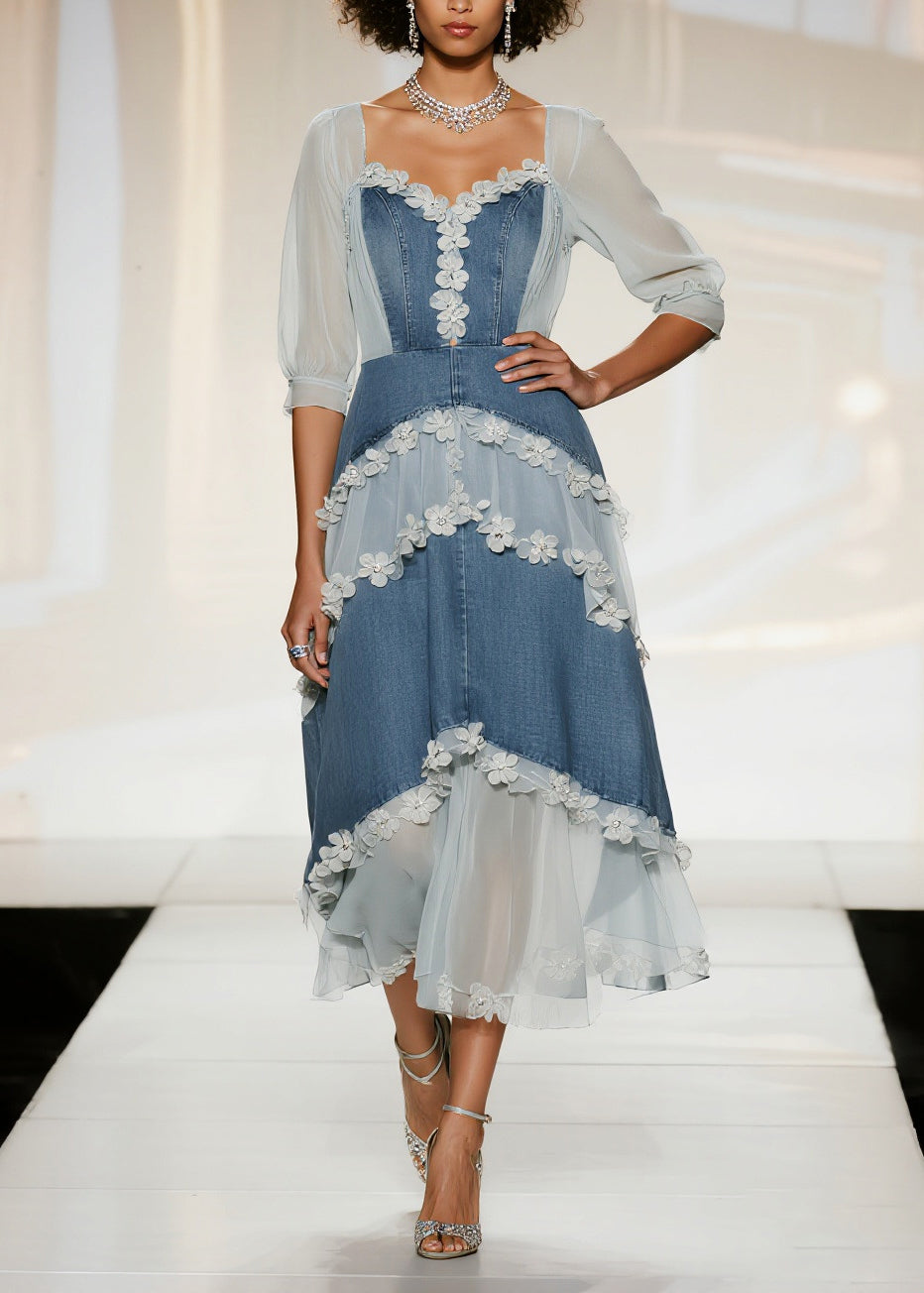 Sweetheart Denim Lace Applique Puff Sleeve Tiered Midi Dress