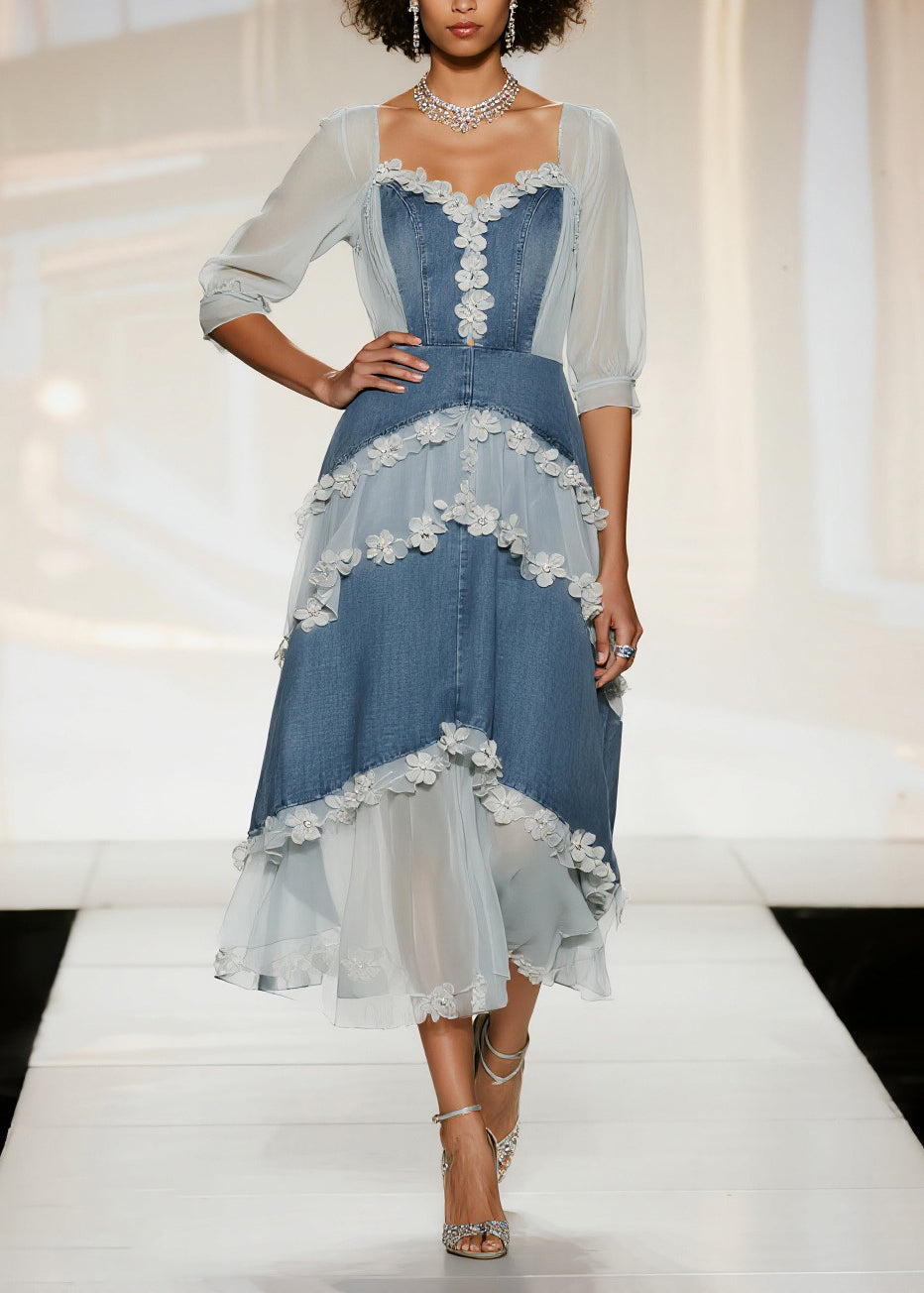 Sweetheart Denim Lace Applique Puff Sleeve Tiered Midi Dress 3