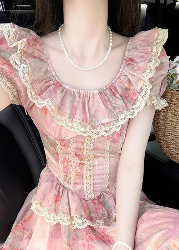 Floral Print Lace Trim Ruffle Neck Puff Sleeve Tiered Midi Dress
