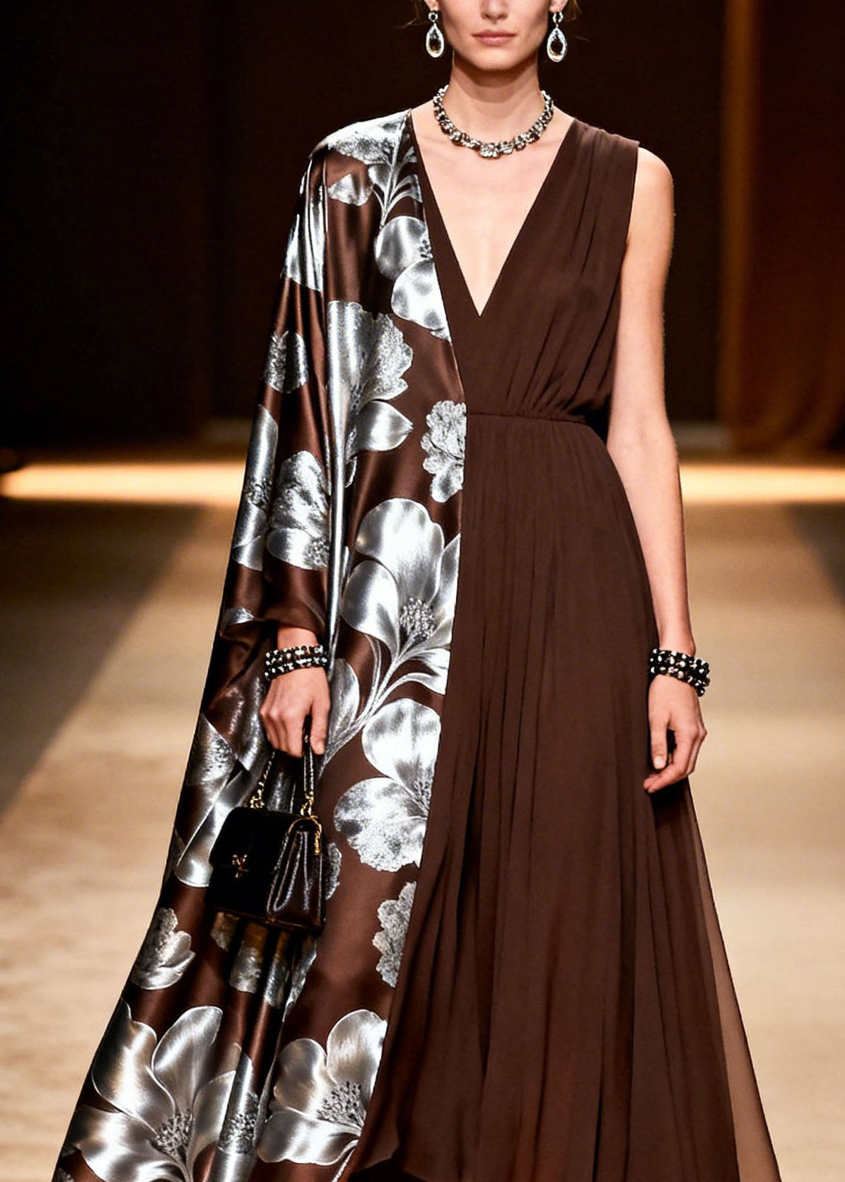 Asymmetrical Deep V-Neck Metallic Floral Print Satin Cape Sleeve Pleated Chiffon Maxi Gown 2