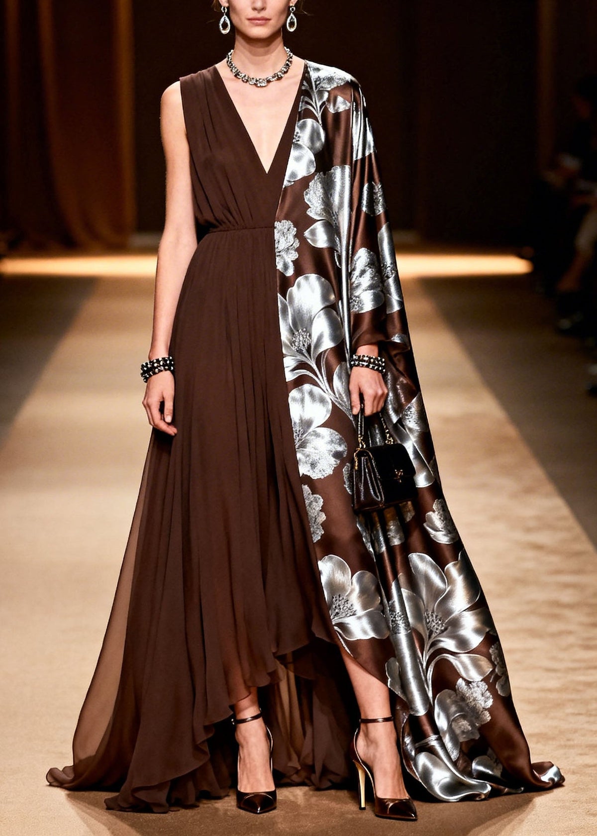 Asymmetrical Deep V-Neck Metallic Floral Print Satin Cape Sleeve Pleated Chiffon Maxi Gown 3