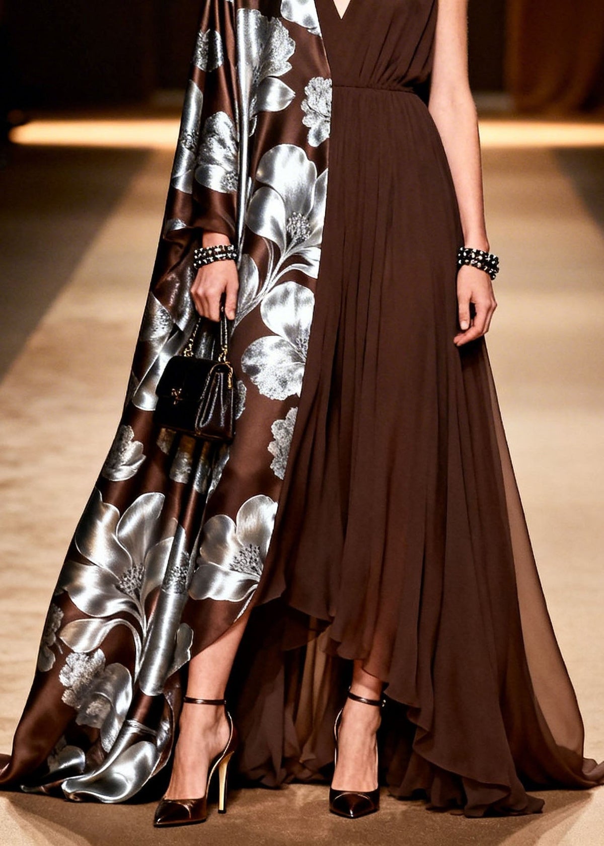 Asymmetrical Deep V-Neck Metallic Floral Print Satin Cape Sleeve Pleated Chiffon Maxi Gown 4