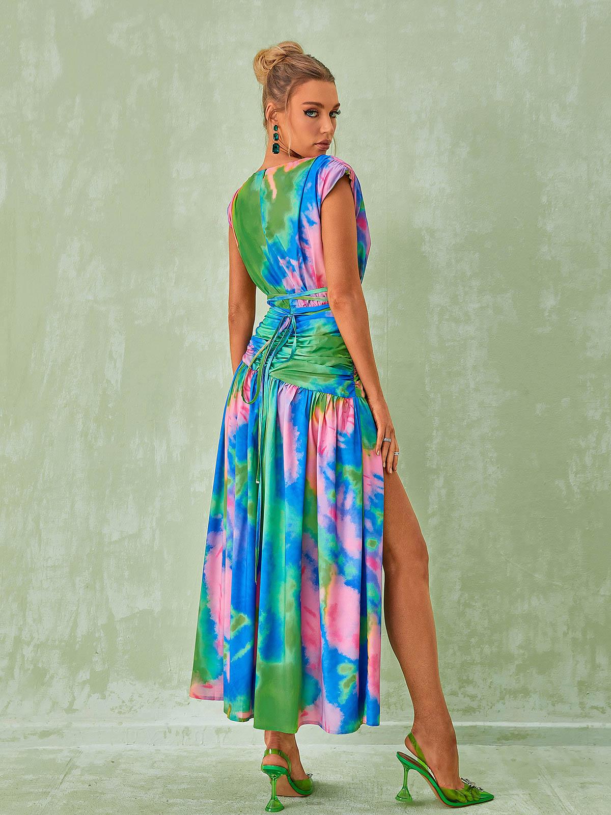 Deep V Wrap Waist Abstract Print Ruched Midi Dress 5