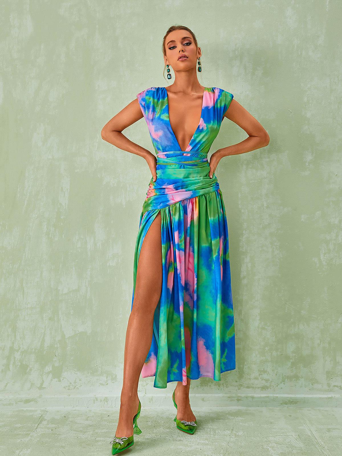 Deep V Wrap Waist Abstract Print Ruched Midi Dress 4
