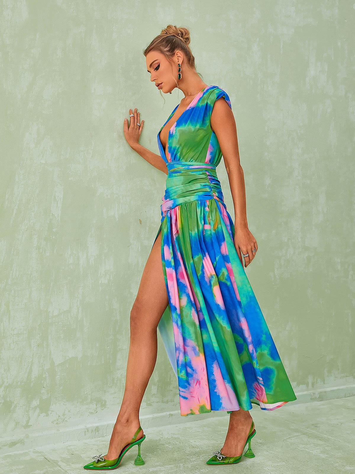 Deep V Wrap Waist Abstract Print Ruched Midi Dress 3