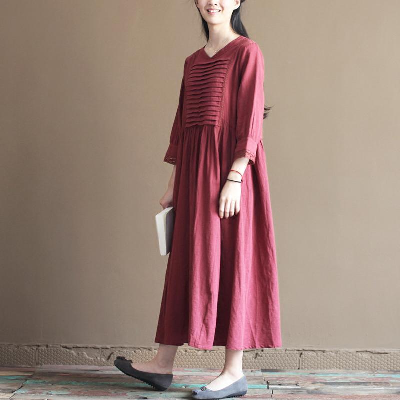 V Neck Pintuck Pleat Three Quarter Sleeve Lace Cuff Linen Midi Dress