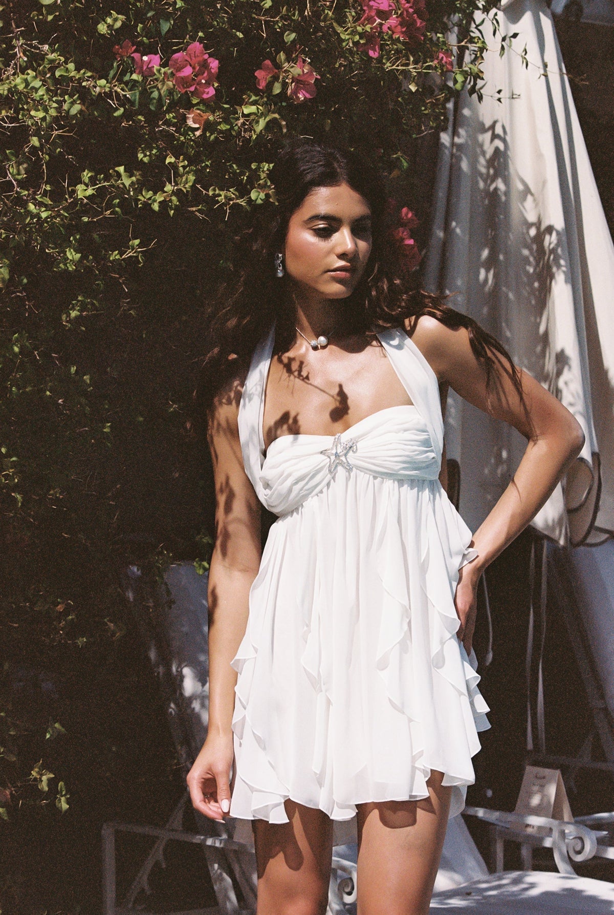 Floral Print Chiffon Halter Ruffle Tier Mini Dress with Starfish Detail 8