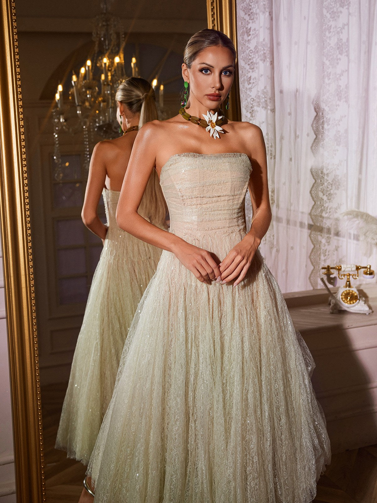 Strapless Ruched Lace Overlay Tea Length Ball Gown Midi Dress 3