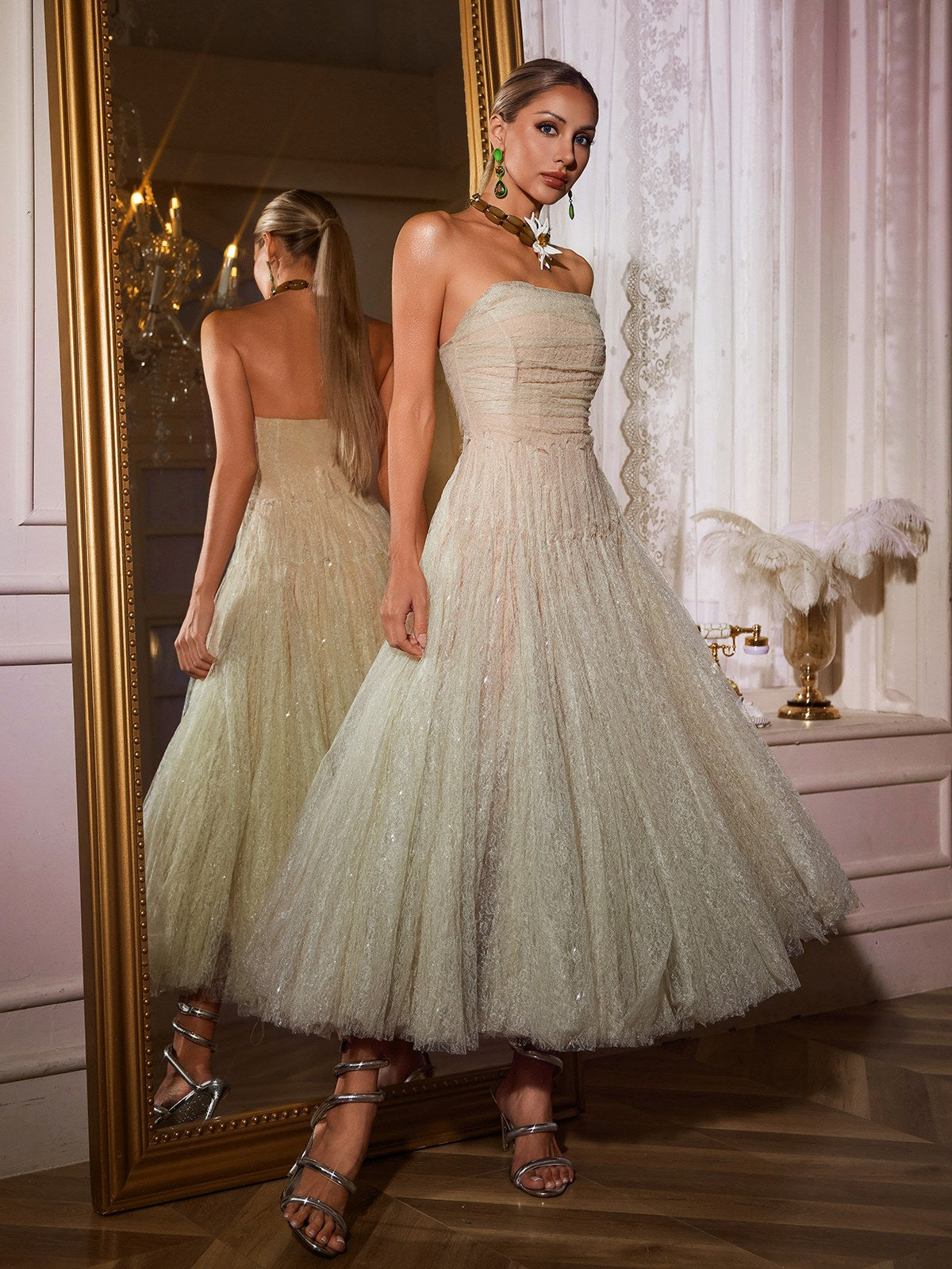 Strapless Ruched Lace Overlay Tea Length Ball Gown Midi Dress