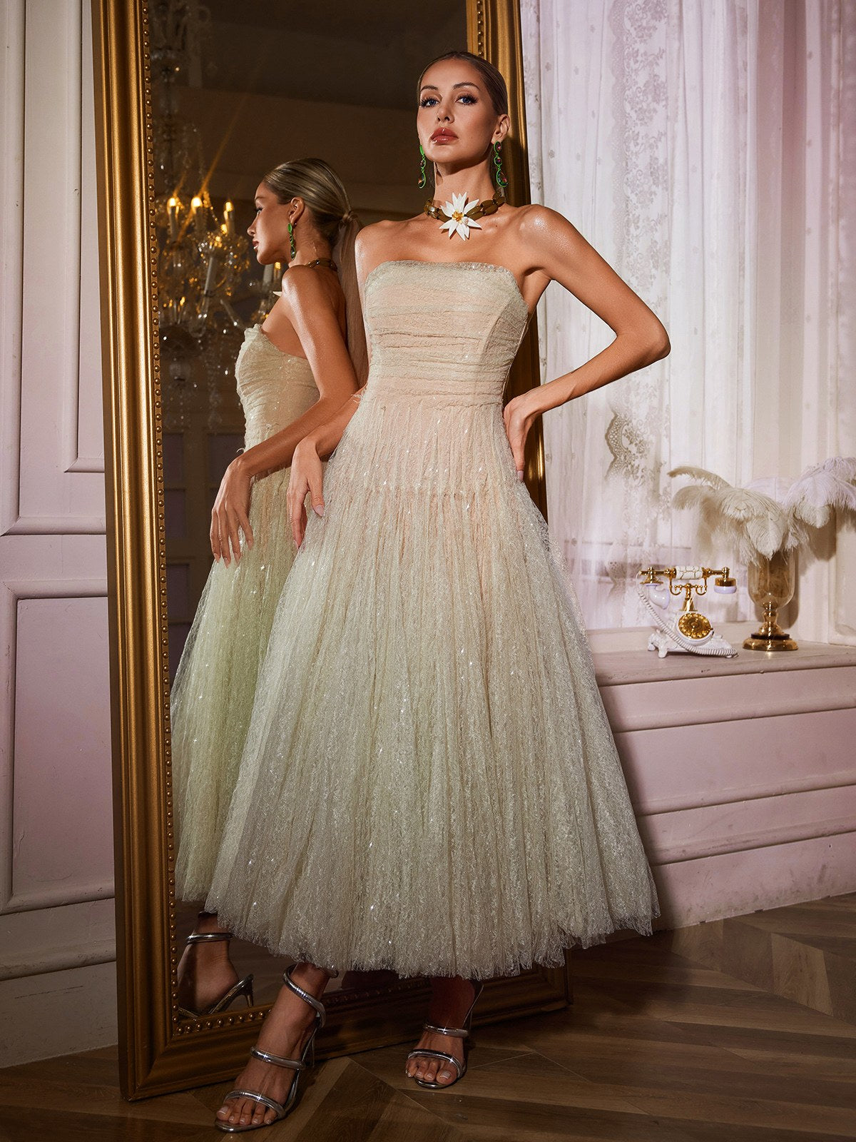Strapless Ruched Lace Overlay Tea Length Ball Gown Midi Dress 5