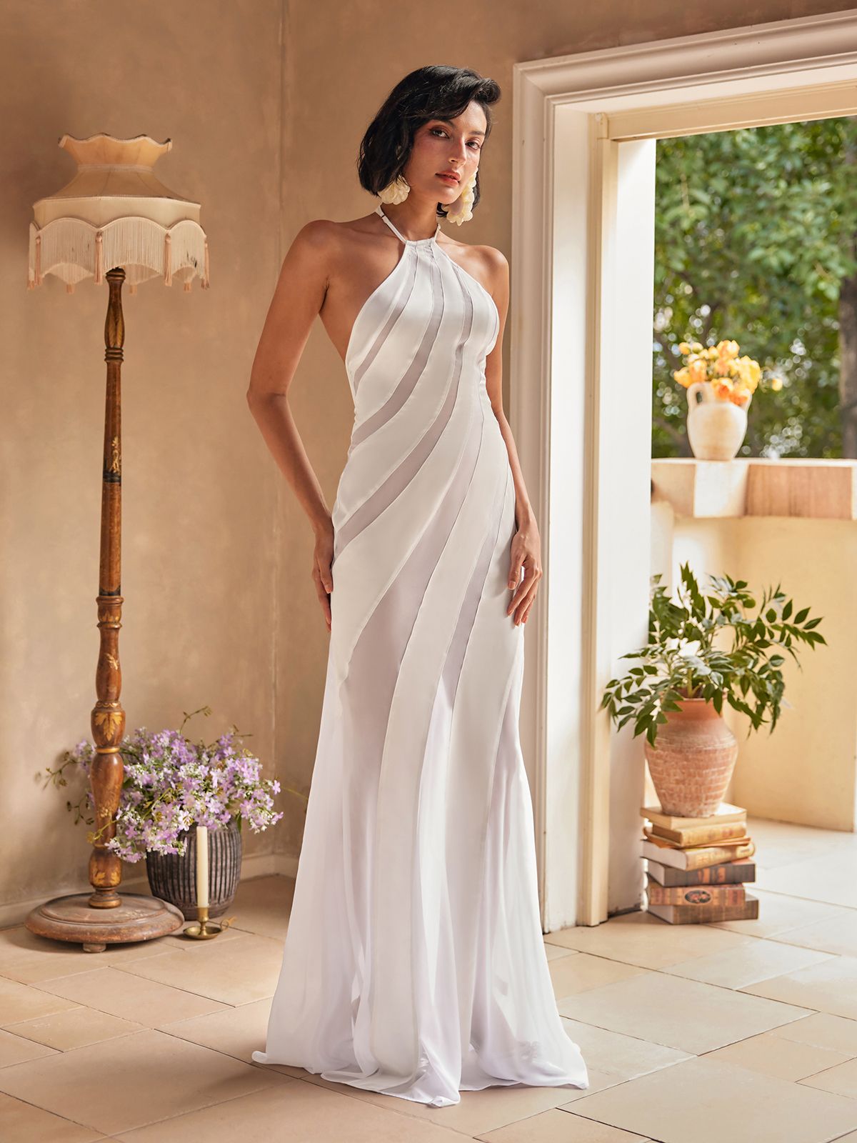 Halter High Neck Diagonal Sheer Opaque Stripe Panel Maxi Gown 2