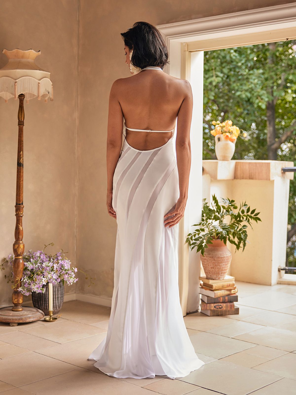 Halter High Neck Diagonal Sheer Opaque Stripe Panel Maxi Gown 6