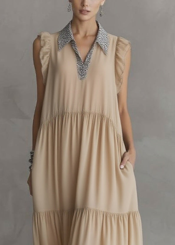 Beaded Peter Pan Collar V-Neck Ruffle Shoulder Bubble Hem Midi Dress 2