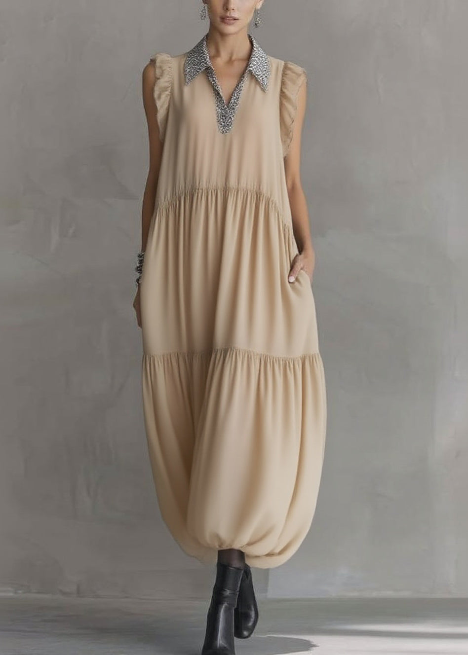Beaded Peter Pan Collar V-Neck Ruffle Shoulder Bubble Hem Midi Dress 5