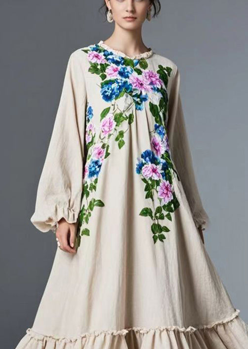 Round Neck Ruffled Floral Extra Wide Hem Cotton Maxi Dress 2