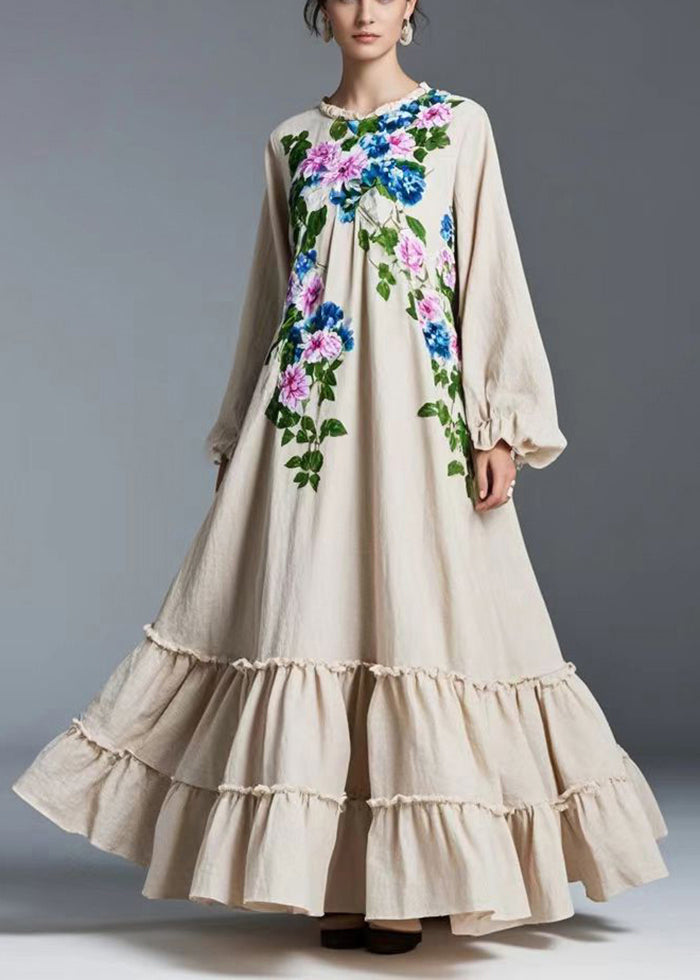 Round Neck Ruffled Floral Extra Wide Hem Cotton Maxi Dress 3